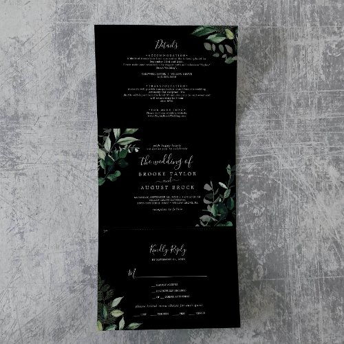 Emerald Greenery  Black Photo Wedding All In One Tri_Fold Invitation