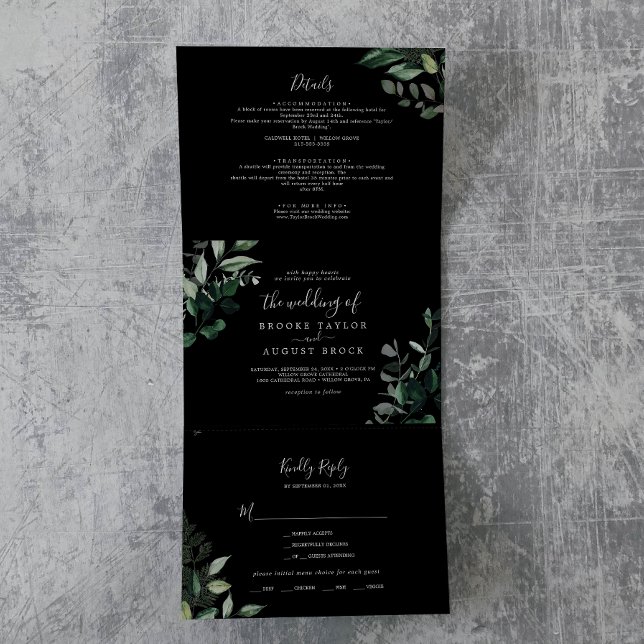 Emerald Greenery | Black Photo Wedding All In One Tri-Fold Invitation (Creator Uploaded)