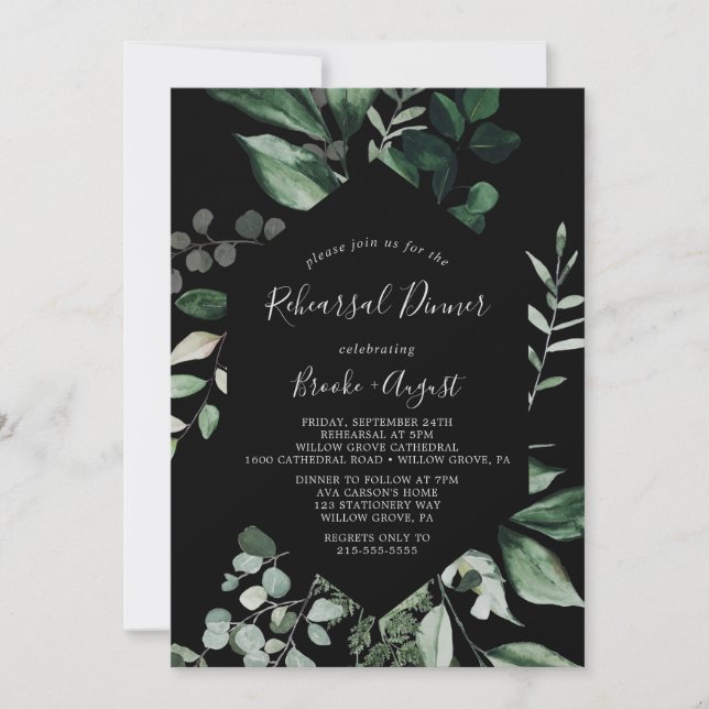 Emerald Greenery | Black Rehearsal Dinner Invitation (Front)