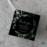 Emerald Greenery | Black Thank You Favor Tags<br><div class="desc">These emerald greenery black thank you favor tags are perfect for a boho wedding. The elegant yet rustic design features moody dark green watercolor leaves and eucalyptus with a modern bohemian woodland feel. Customize these tags with your names and date. Change the wording to suit any event.</div>
