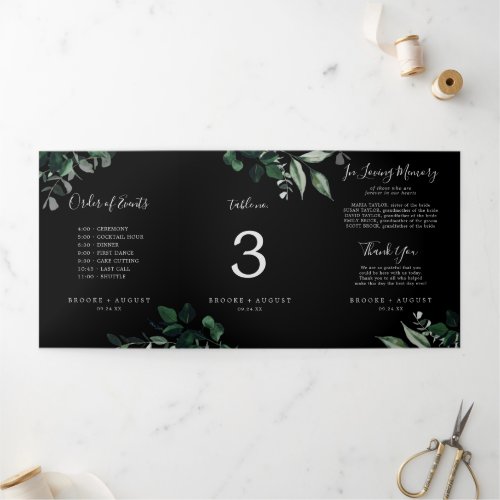 Emerald Greenery Black Tri_fold Table Number Sign