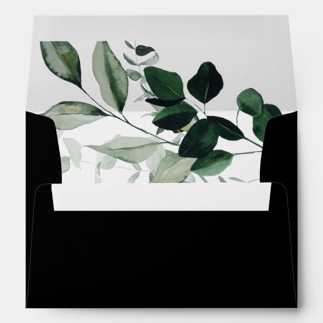 Emerald Greenery | Black Wedding Invitation Envelope (Back (Bottom))
