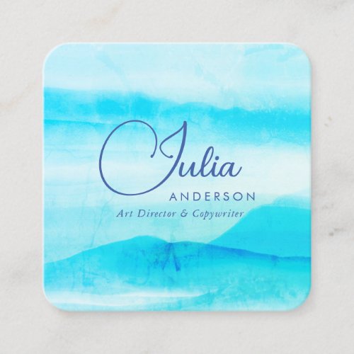 Emerald Greenery Blue watercolor Abstract Script Square Business Card