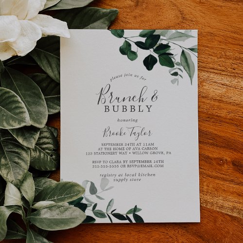 Emerald Greenery Brunch and Bubbly Bridal Shower Invitation