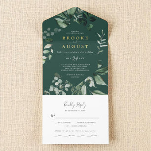 Emerald Greenery Dark Green Leaf Gold Foil Wedding All In One Invitation
