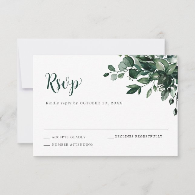 Emerald Greenery Eucalyptus Botanical Wedding RSVP Card (Front)