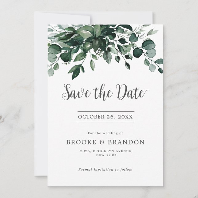 Emerald Greenery Eucalyptus Botanical Wedding Save The Date (Front)