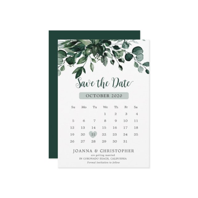 Emerald Greenery Eucalyptus Botanical Wedding Save The Date (Front/Back In Situ)