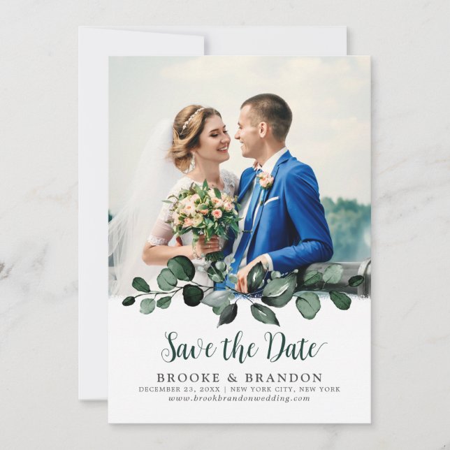 Emerald Greenery Eucalyptus Botanical Wedding Save The Date (Front)