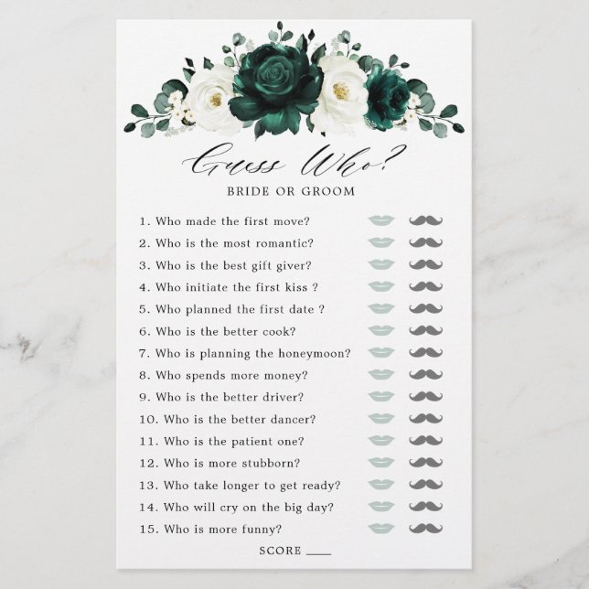 Emerald Greenery Eucalyptus Bridal Shower Game (Front)