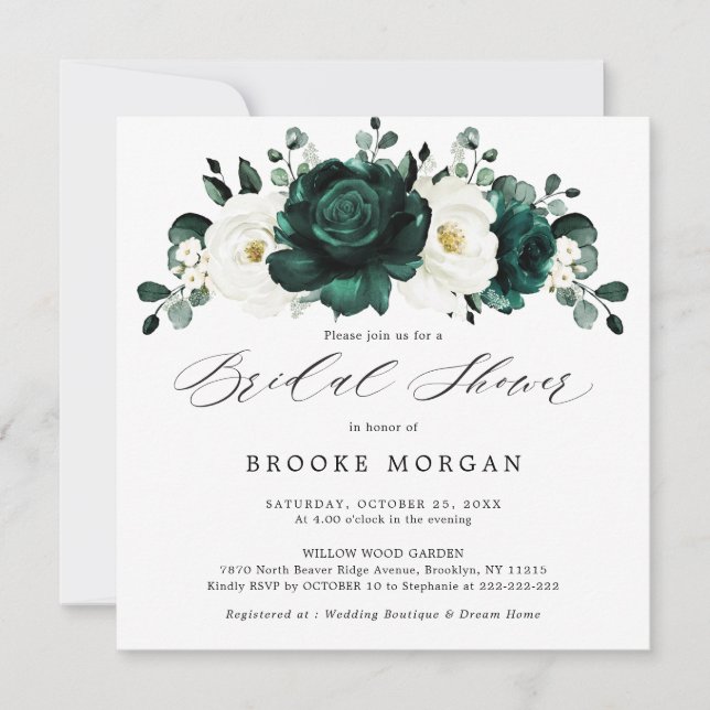 Emerald Greenery Eucalyptus White Bridal Shower Invitation (Front)