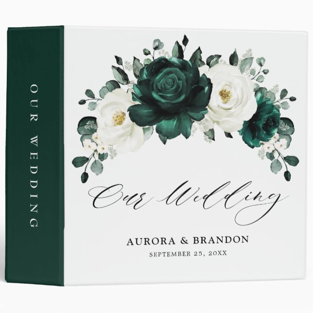 Emerald Greenery Eucalyptus White Floral Wedding 3 Ring Binder (Front/Spine)