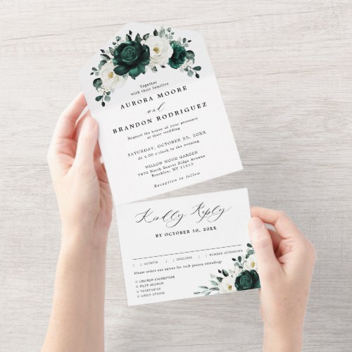 Emerald Greenery Eucalyptus White Floral Wedding All In One Invitation