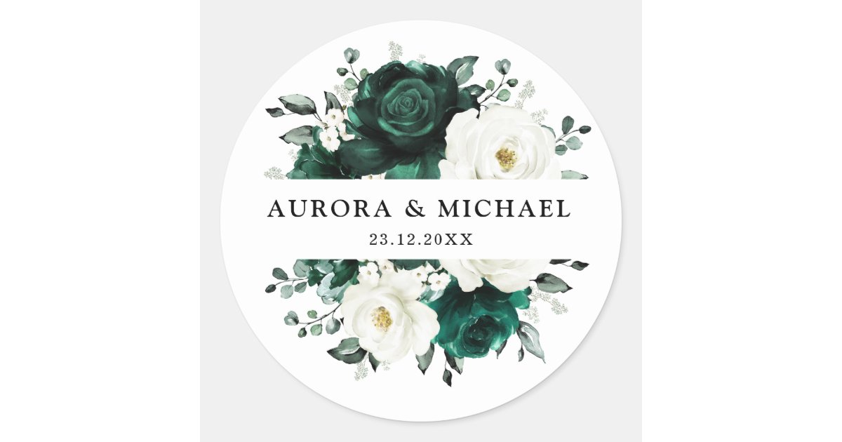 Emerald Greenery Eucalyptus White Floral Wedding Classic Round Sticker ...