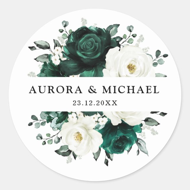 Emerald Greenery Eucalyptus White Floral Wedding Classic Round Sticker (Front)