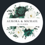 Emerald Greenery Eucalyptus White Floral Wedding Classic Round Sticker<br><div class="desc">Elegant Emerald green greenery & ivory white floral botanical wedding thank you sticker featuring white roses and elegant green watercolor eucalyptus leaves . Please contact me for any help in customization or if you need any other product with this design.</div>