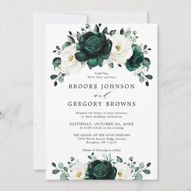 Emerald Greenery Eucalyptus White Floral Wedding Invitation (Front)