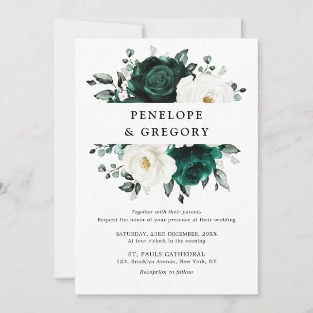 Emerald Greenery Eucalyptus White Floral Wedding Invitation (Front)