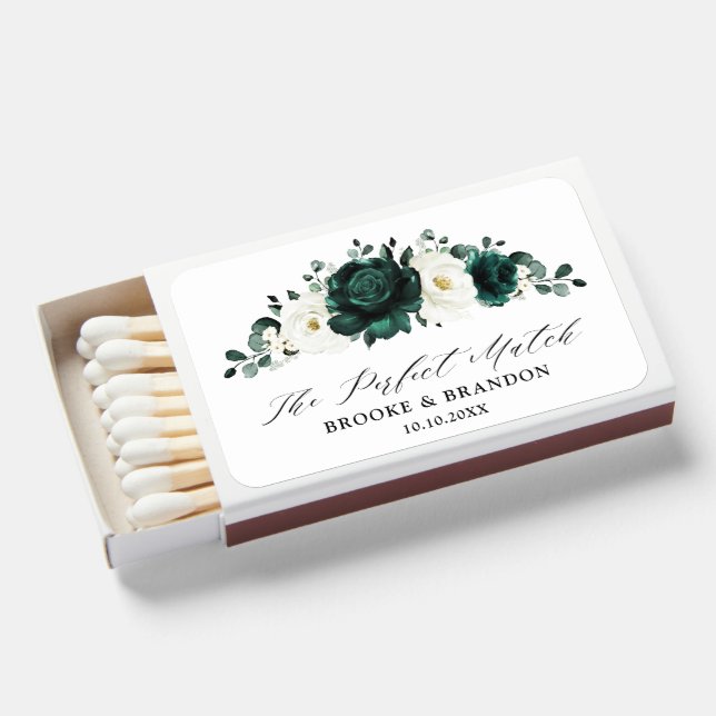 Emerald Greenery Eucalyptus White Floral Wedding Matchboxes (Front Open)