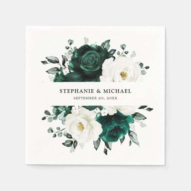 Emerald Greenery Eucalyptus White Floral Wedding Napkins (Front)