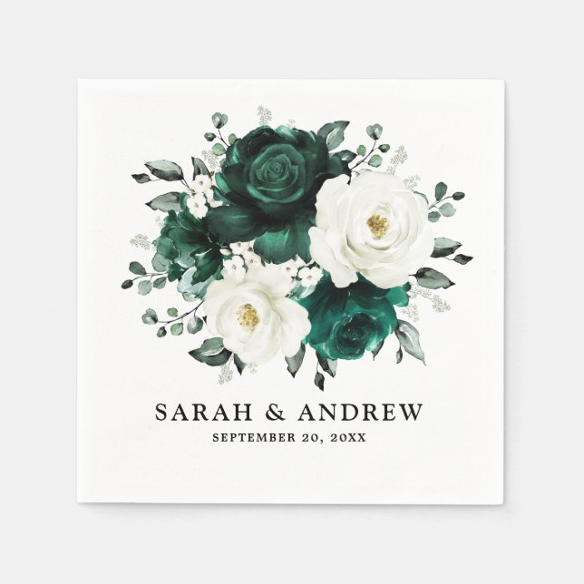 Emerald Greenery Eucalyptus White Floral Wedding Napkins (Front)