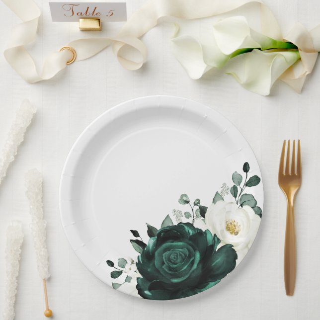 Emerald Greenery Eucalyptus White Floral Wedding Paper Plates (Wedding)