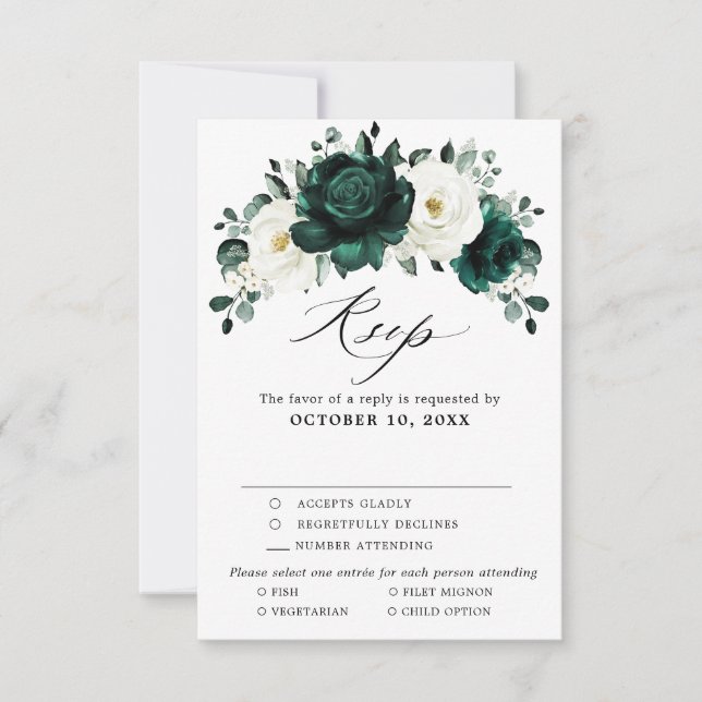 Emerald Greenery Eucalyptus White Floral Wedding RSVP Card (Front)