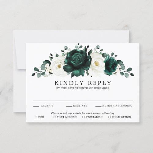 Emerald Greenery Eucalyptus White Floral Wedding RSVP Card