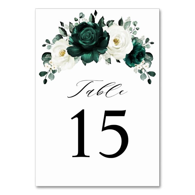 Emerald Greenery Eucalyptus White Floral Wedding Table Number (Front)