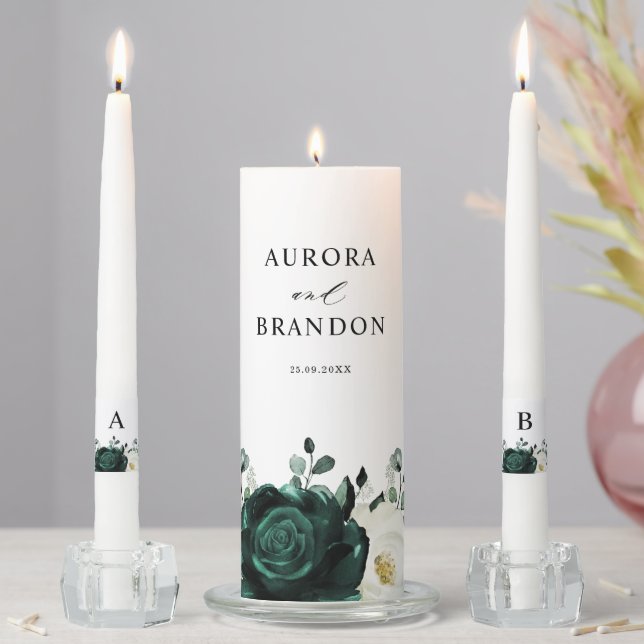 Emerald Greenery Eucalyptus White Floral Wedding Unity Candle Set (In Situ)