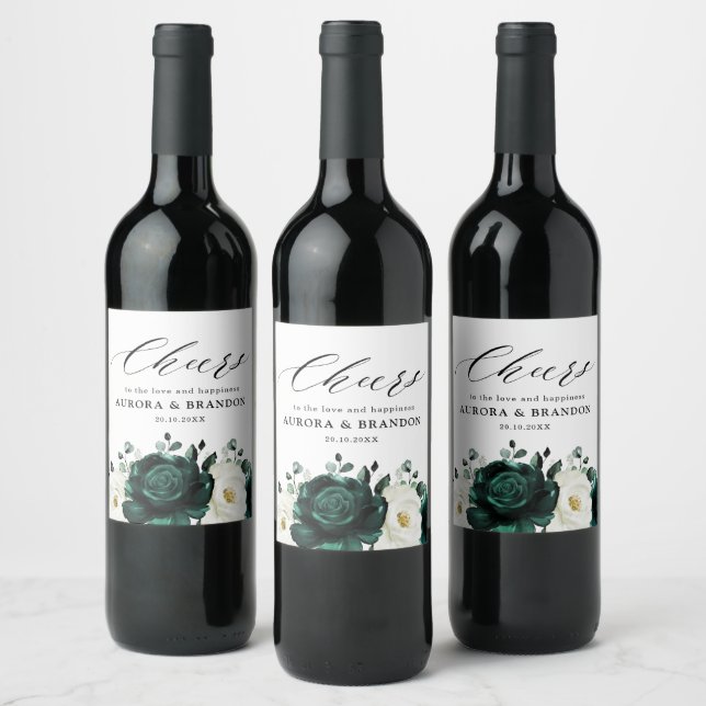 Emerald Greenery Eucalyptus White Floral Wedding Wine Label (Bottles)