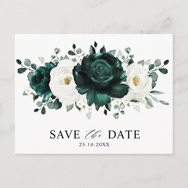 Emerald Greenery Eucalyptus White Save the Date Postcard (Front)