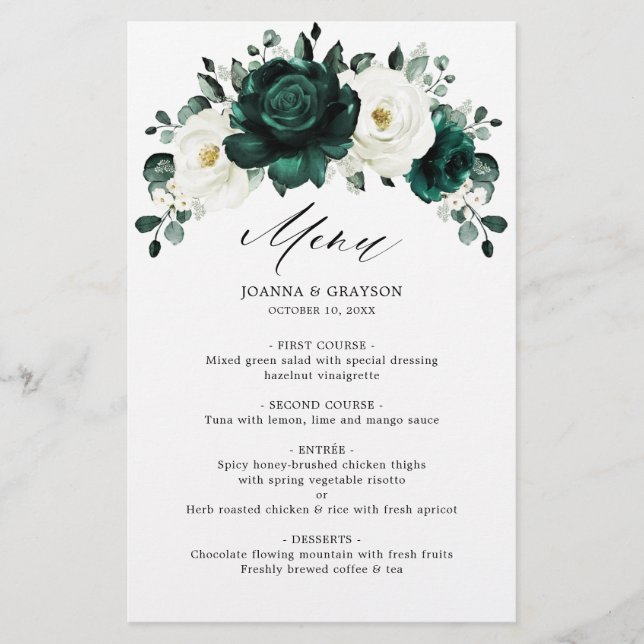 Emerald Greenery Eucalyptus White  Wedding Menu    (Front)