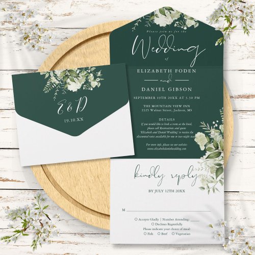 Emerald Greenery Floral Details RSVP Wedding All In One Invitation