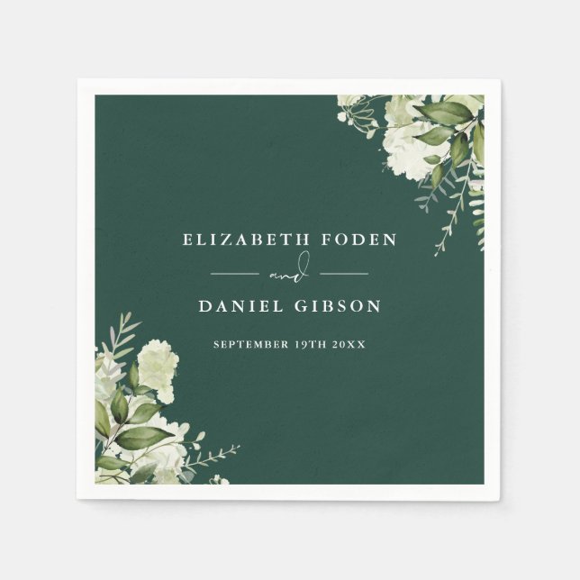 Emerald Greenery Floral Elegant Names Date Napkins (Front)
