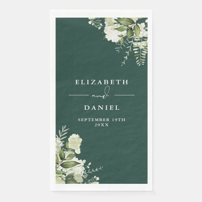 Emerald Greenery Floral Elegant Wedding Paper Guest Towels (Front)