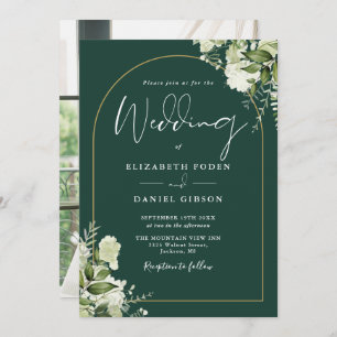 Emerald Greenery Floral Gold Arch Photo Wedding Invitation