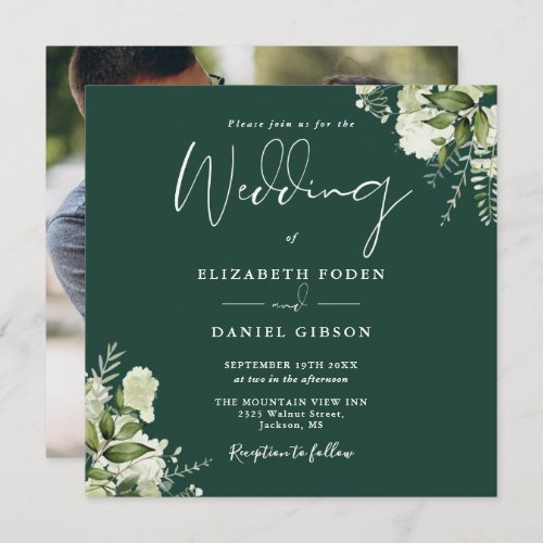 Emerald Greenery Floral Photo Square Wedding  Invitation