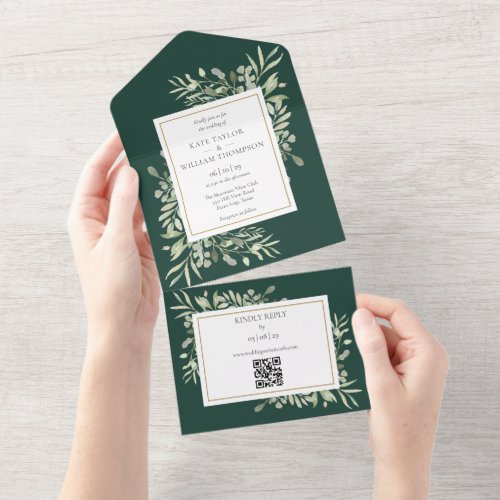 Emerald Greenery Floral QR Code Wedding All In One Invitation