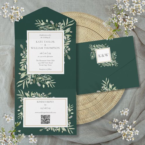 Emerald Greenery Floral QR Code Wedding All In One Invitation