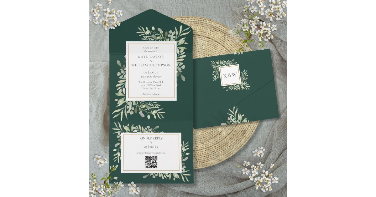 Emerald Greenery Floral QR Code Wedding All In One Invitation | Zazzle