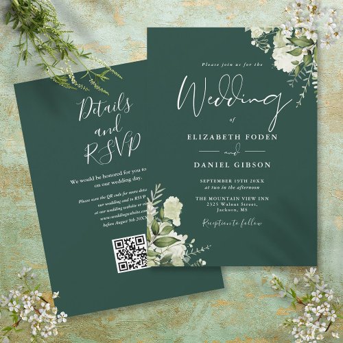 Emerald Greenery Floral QR Code Wedding Invitation