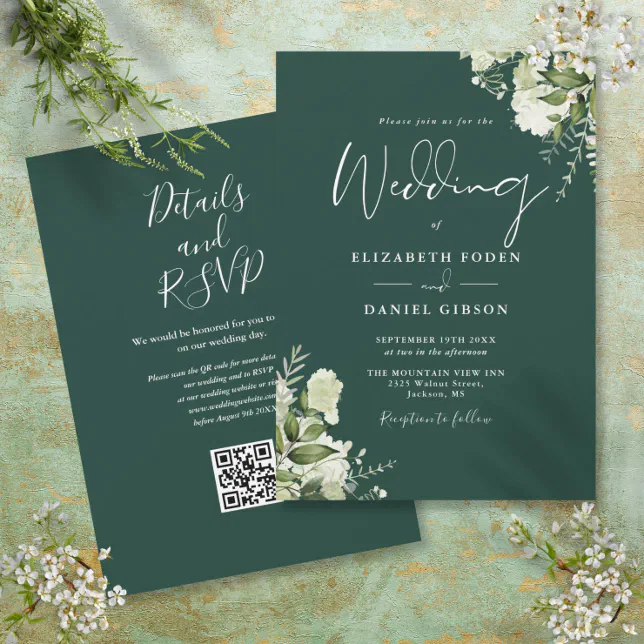 Emerald Greenery Floral Qr Code Wedding Invitation 