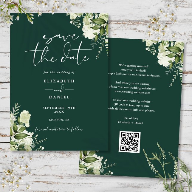 Emerald Greenery Floral QR Code Wedding Save The Date (Emerald Greenery Floral QR Code Wedding Save The Date)