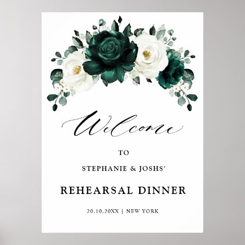 Emerald Greenery Floral Rehearsal Dinner Welcome   Poster