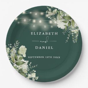 Emerald Greenery Floral String Lights Wedding Paper Plates