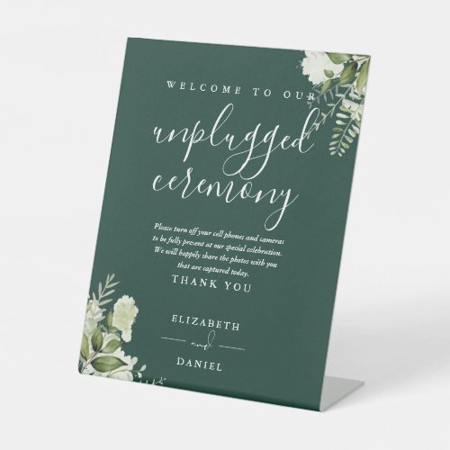 Emerald Greenery Floral Unplugged Ceremony Pedestal Sign