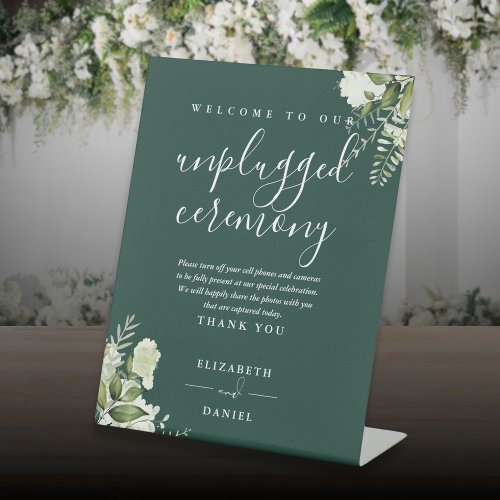 Emerald Greenery Floral Unplugged Ceremony Pedestal Sign