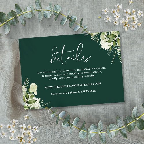 Emerald Greenery Floral Wedding Details Enclosure Card