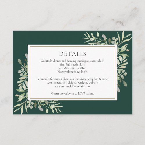 Emerald Greenery Floral Wedding Details Enclosure Card